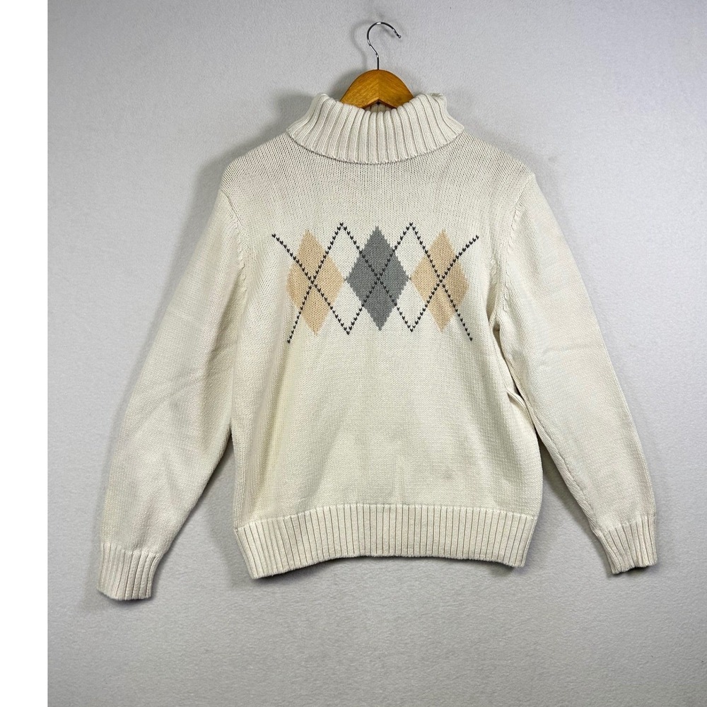 Grandmacore Minimalist Croft & Barrow Argyle Turtleneck Sweater Womens XL Cream